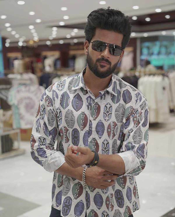 Cream-Blue Cotton-Blended Casual Shirt
