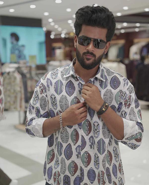 Cream-Blue Cotton-Blended Casual Shirt - product media