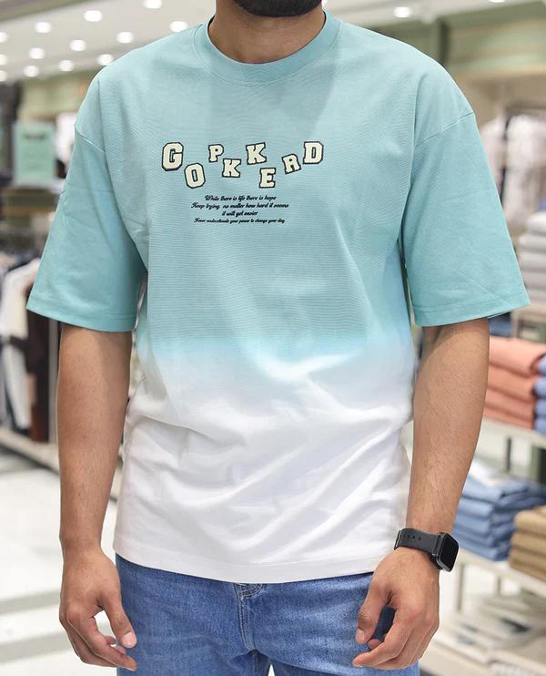 Teal Cotton-Blended Ombre T-Shirt - product media