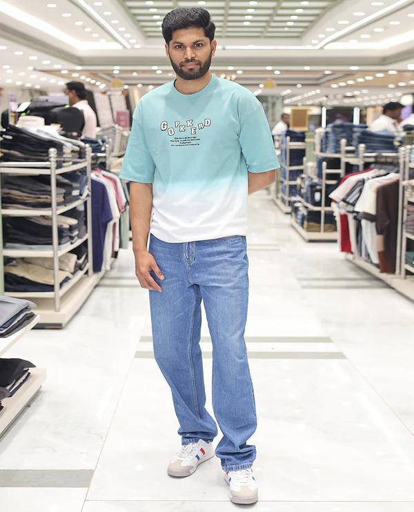 Teal Cotton-Blended Ombre T-Shirt - product media